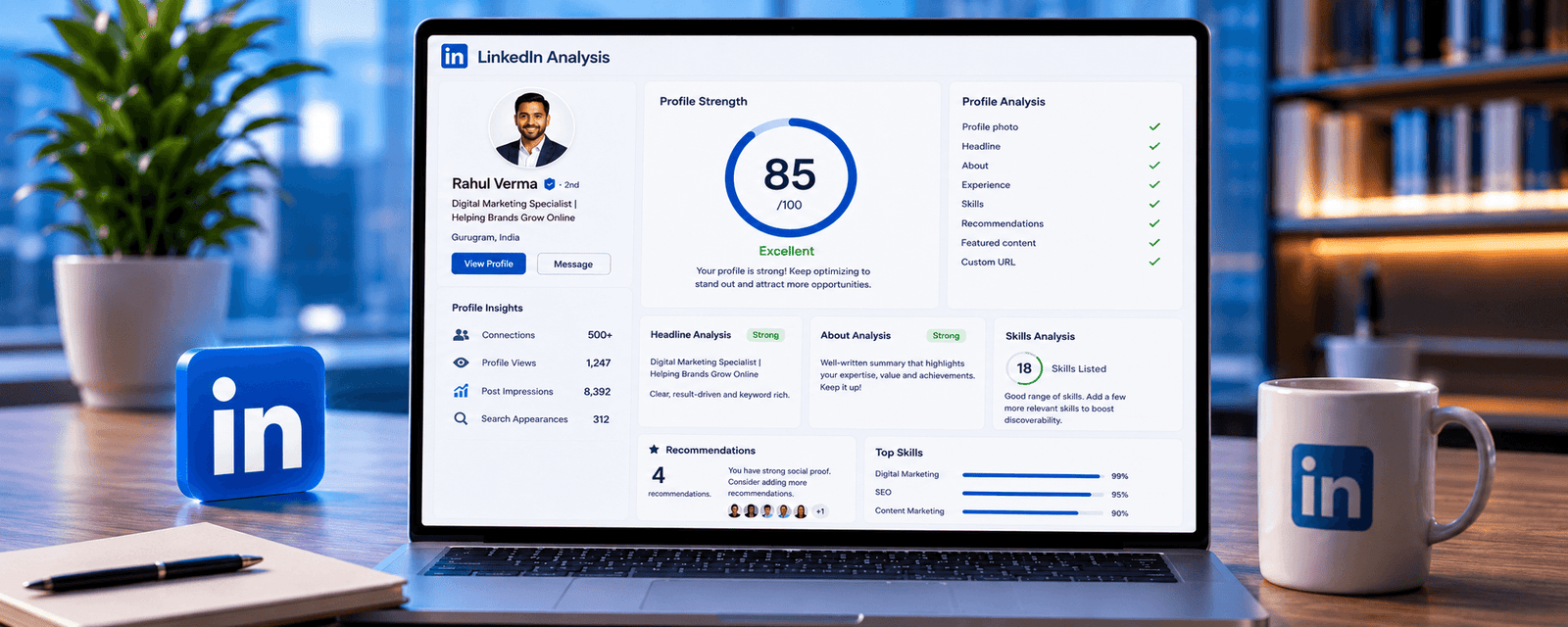 linkedin analytics LinkedIn Profile Analysis and Checker Dashboard with 85 Profile Strength Score