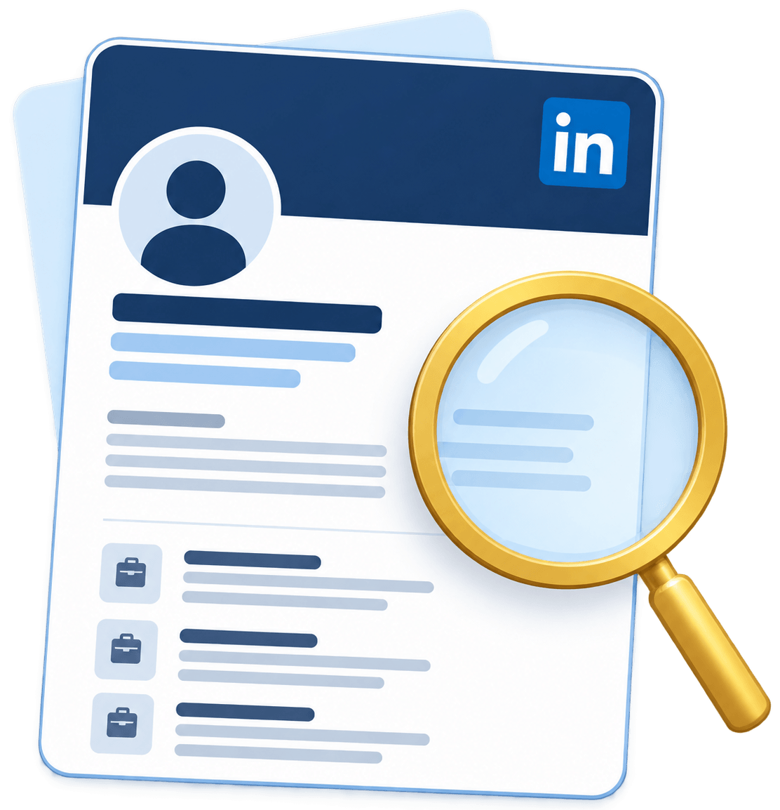 LinkedIn profile review illustration with a profile card and magnifying glass